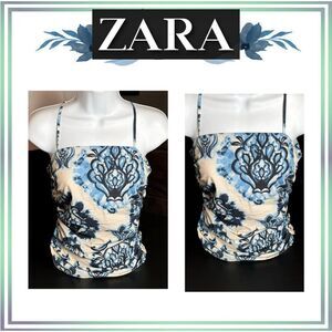 NWT ZARA Paisley Floral Gathered Spaghetti Strap Top Blue/Ivory Women's XS